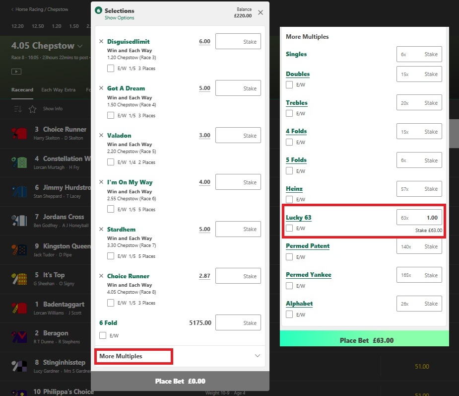 Bet365 open betslip in the middle of the page with more multiples highlighted and the lucky 63 stake box highlighted to the right-hand side with a £1 stake